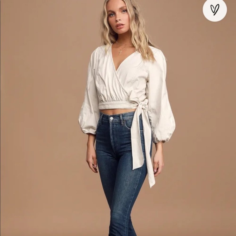 Sophie Cream Denim Balloon Sleeve Wrap Crop Top